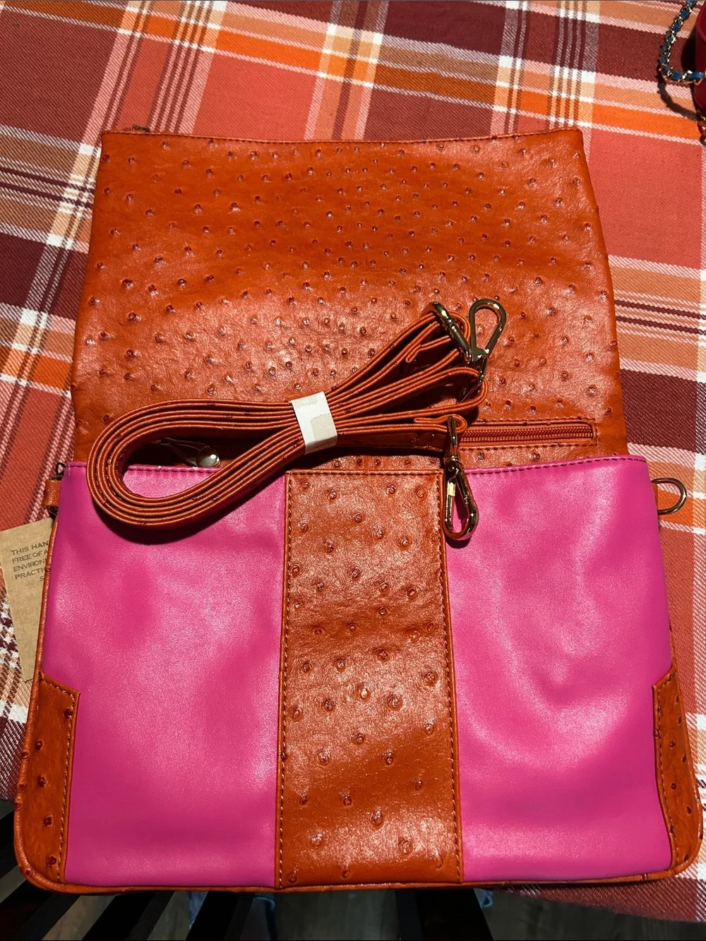 Cri De Coeur Orange FEAUX Ostrich -Texture Zip Bag with Pink Details